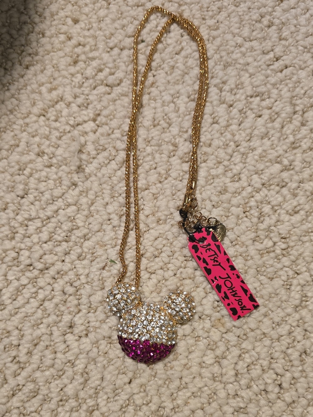 Betsey Johnson Gold Chain Crystal Mouse Necklace with Hot Pink Accent
